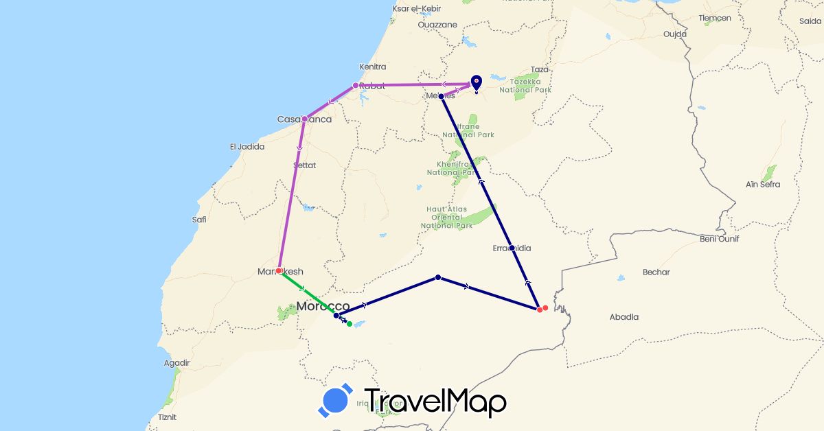 TravelMap itinerary: driving, bus, train, hiking in Morocco (Africa)